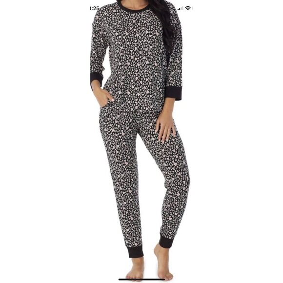 Cuddl Duds Soft Cozy Knit Pajama Set XS Black Cheetah Animal Print & Hearts New - Picture 1 of 5